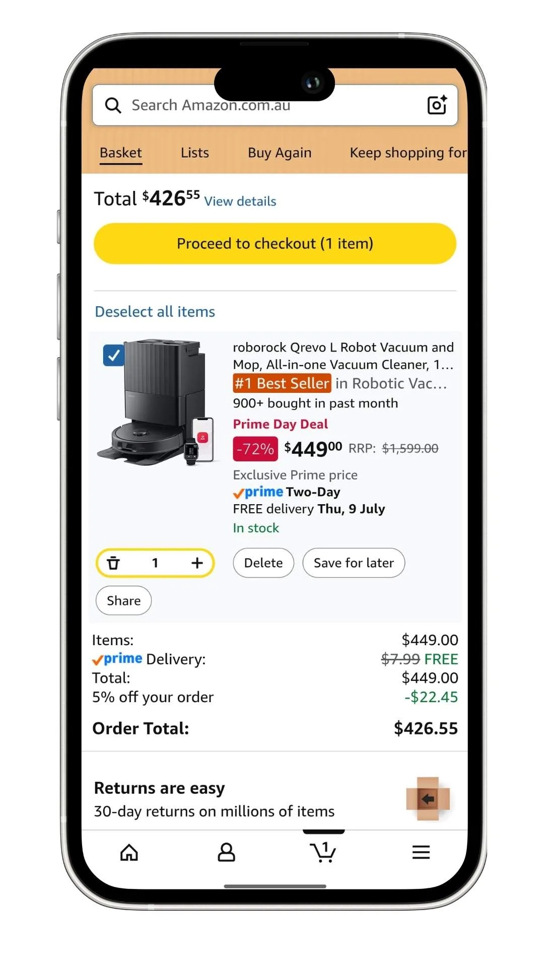 Amazon promo code: a screenshot of an Amazon code that was applied at the checkout in the app.