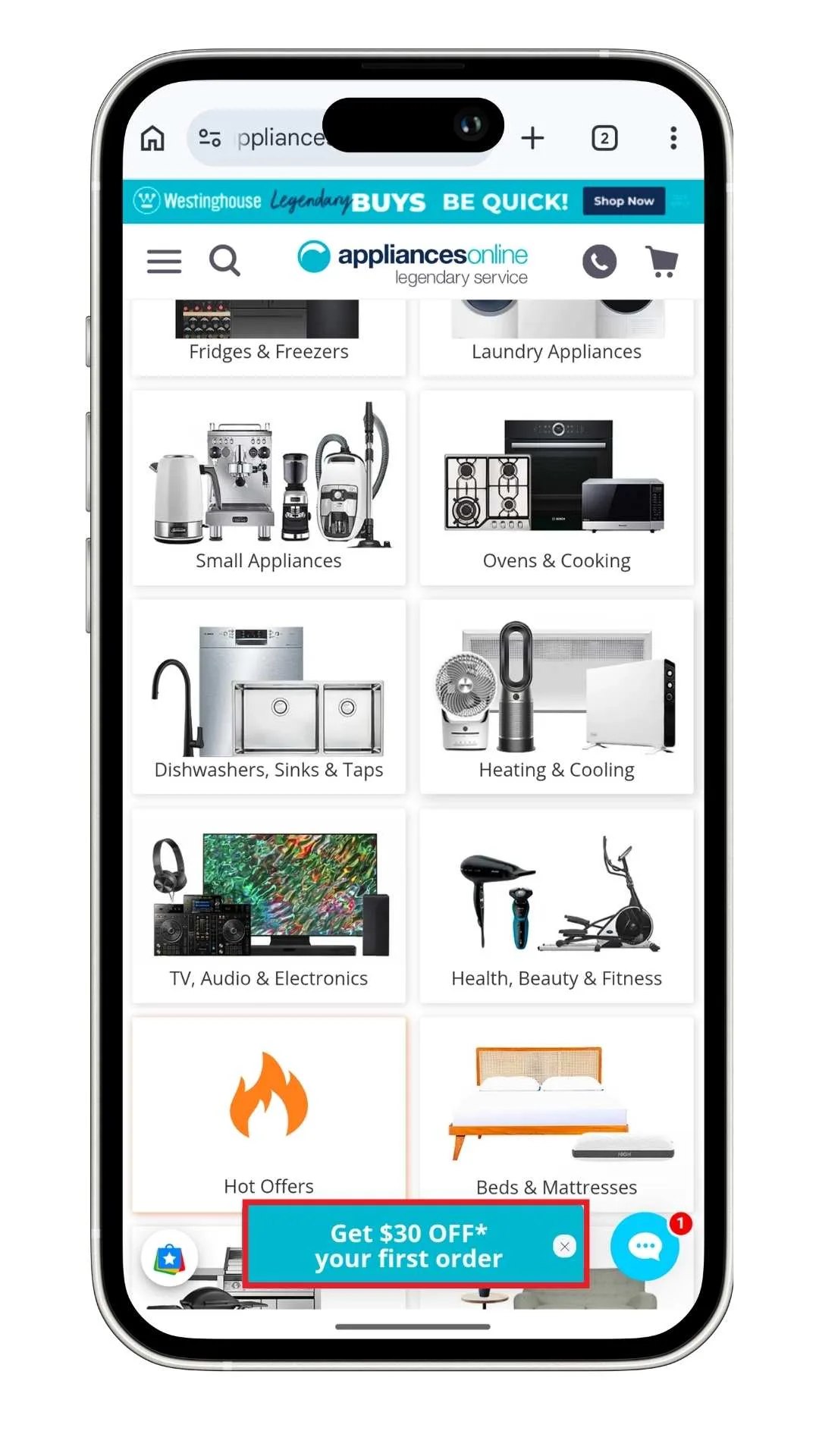 Appliances Online discount code offer button that can be clicked to reveal the new subscriber discount code offer and form.
