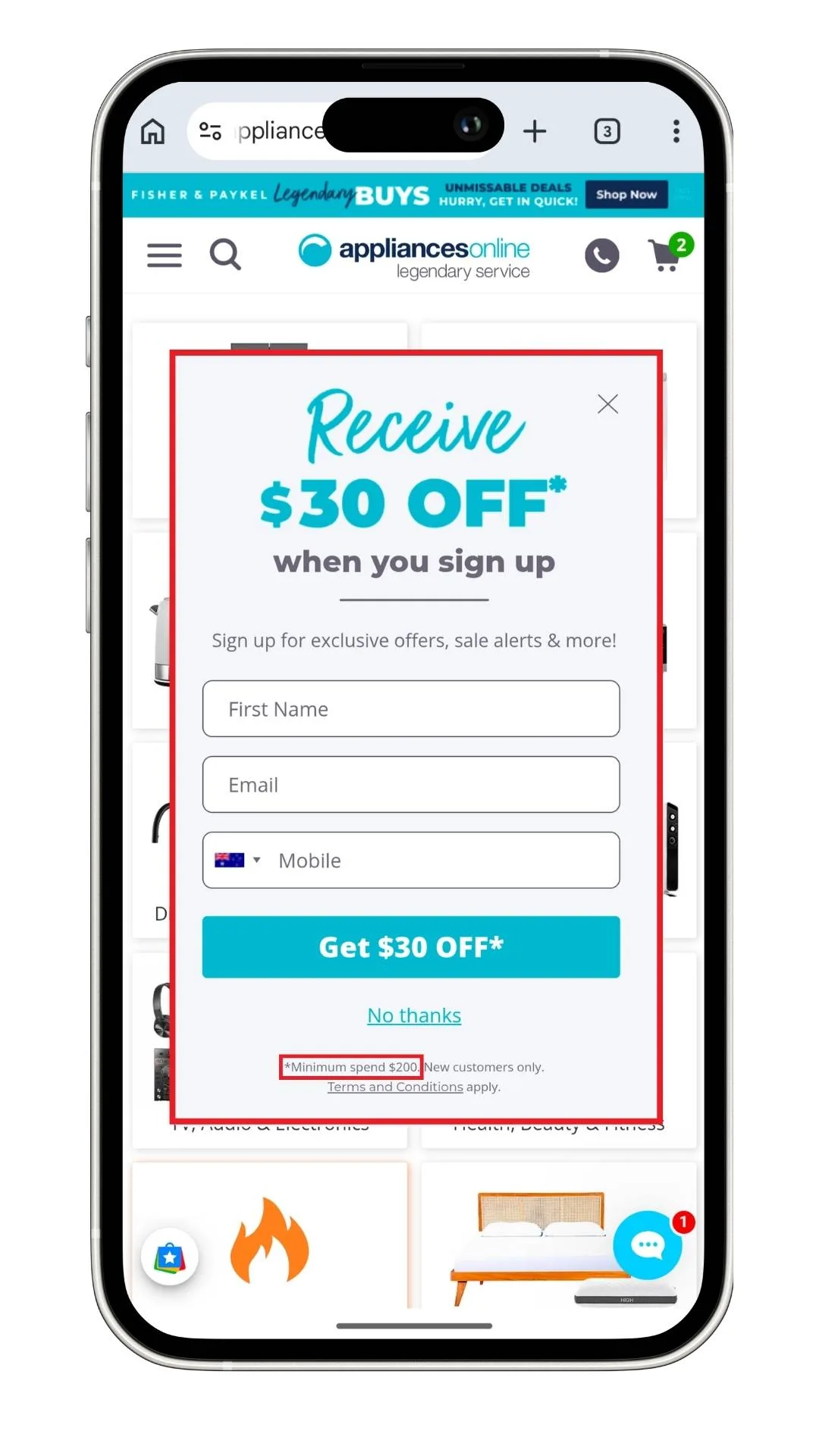Appliances Online discount code pop-up offer for new subscribers.