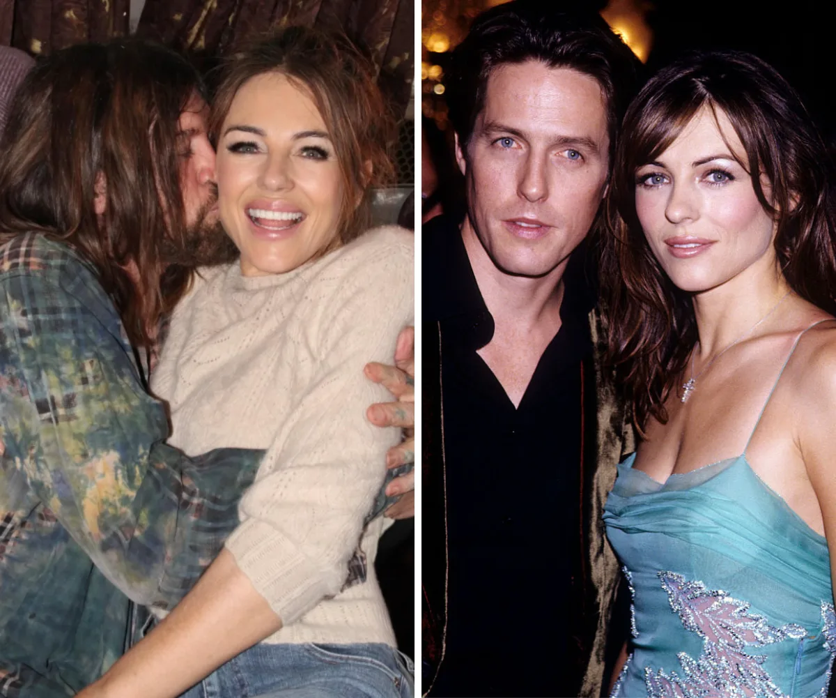 Billy Ray kisses Liz Hurley's cheek (left) and on the right, Hugh Grant and Liz Hurley in the 90s