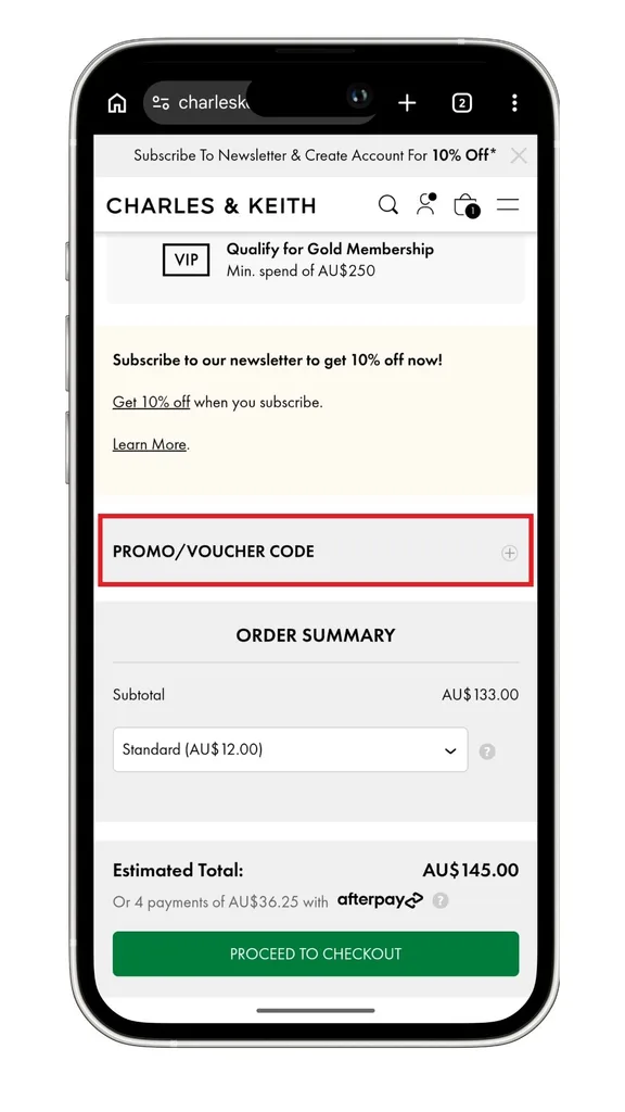Charles and Keith promo code: A screenshot showing the section that you can expand to add a promo code.