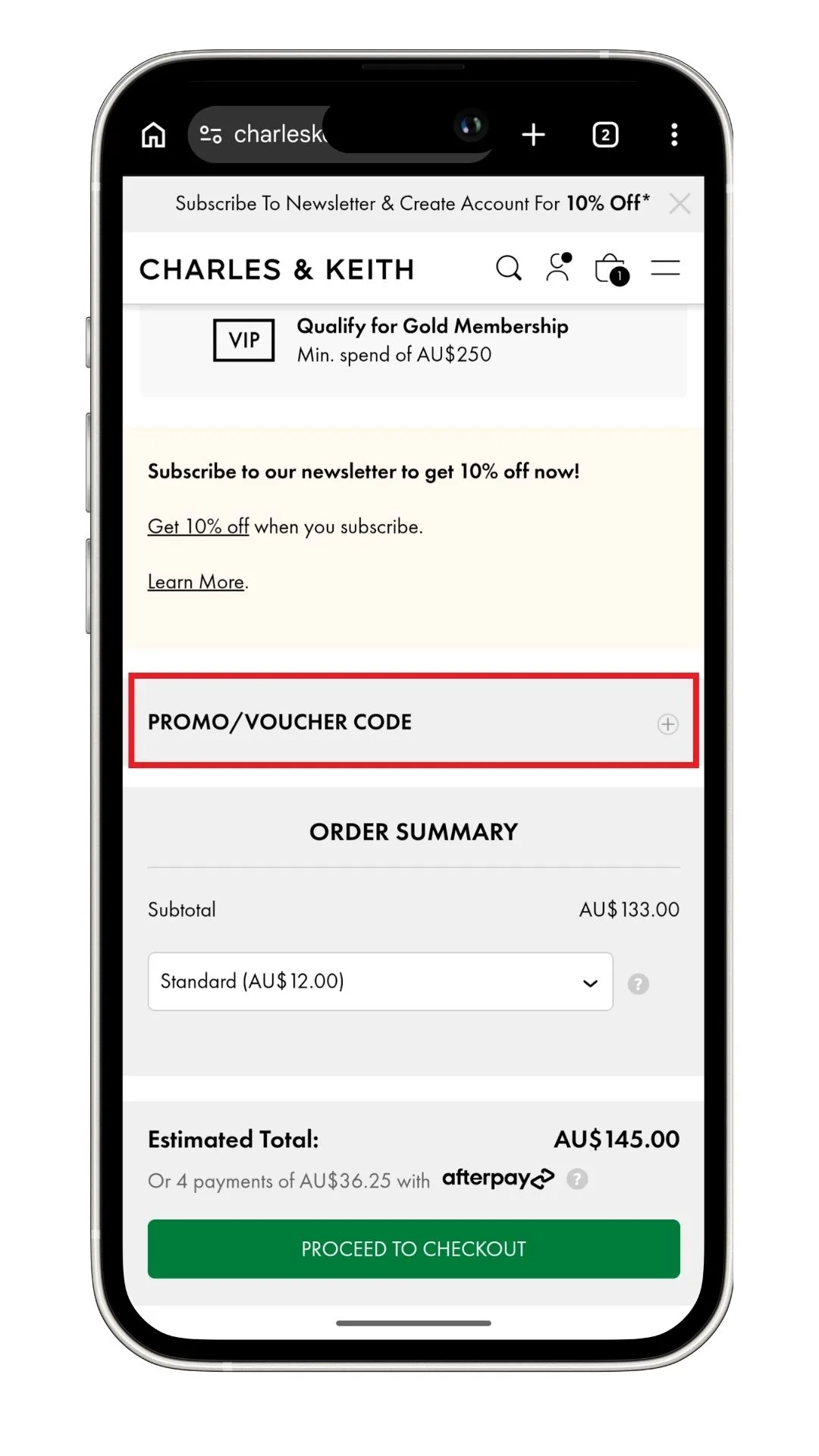 Charles and Keith promo code: A screenshot showing the section that you can expand to add a promo code.