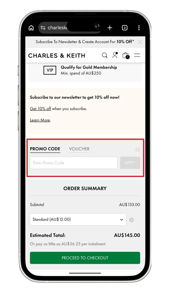 Charles and Keith promo code guide: A screenshot of the promo code field at checkout.