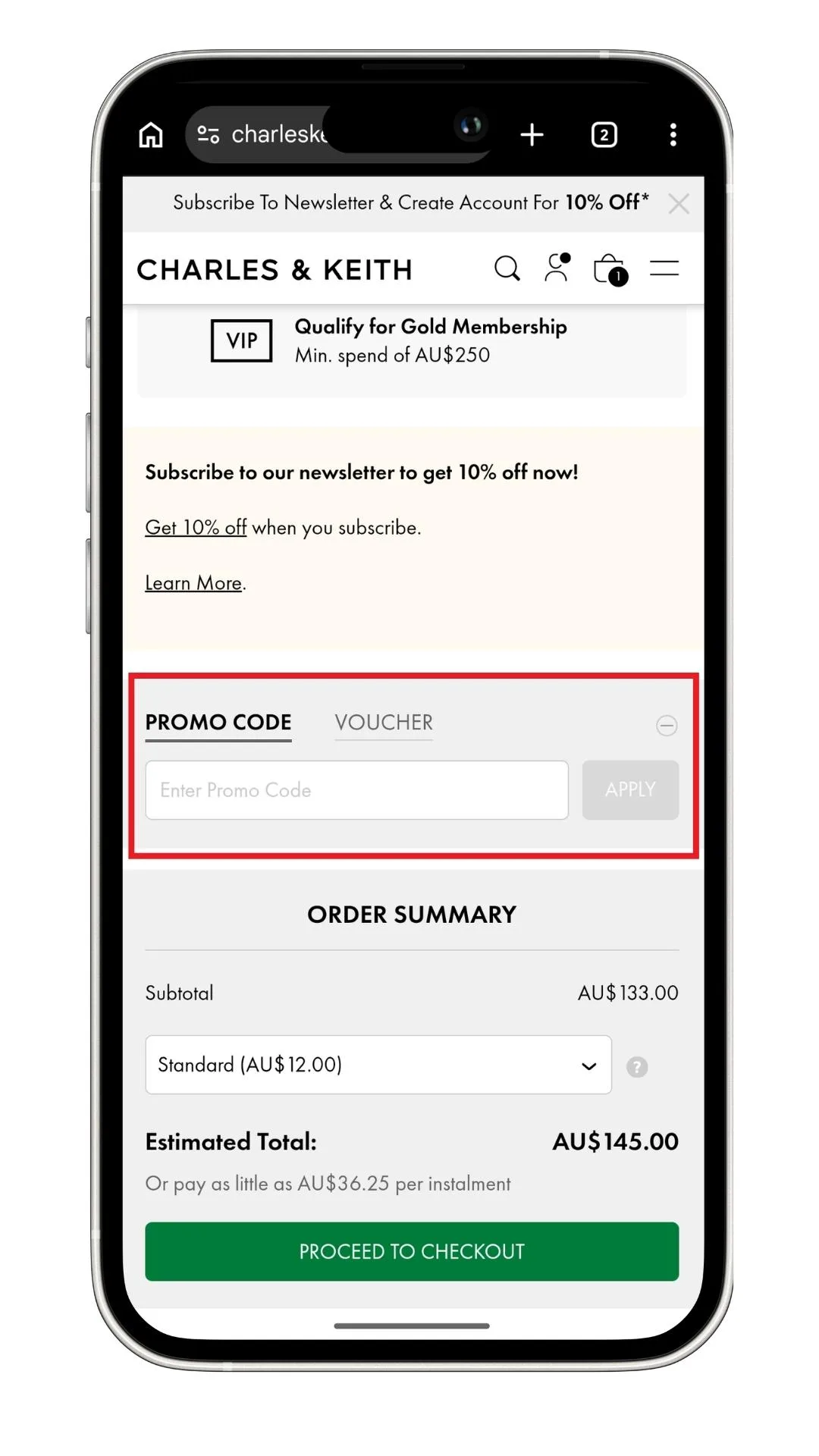 Charles and Keith promo code guide: A screenshot of the promo code field at checkout.