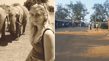 Elly Warren standing with an elephant and a street scene of where she died in Mozambique