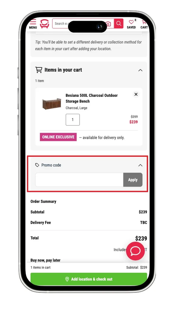 Fantastic Furniture discount code field at checkout.
