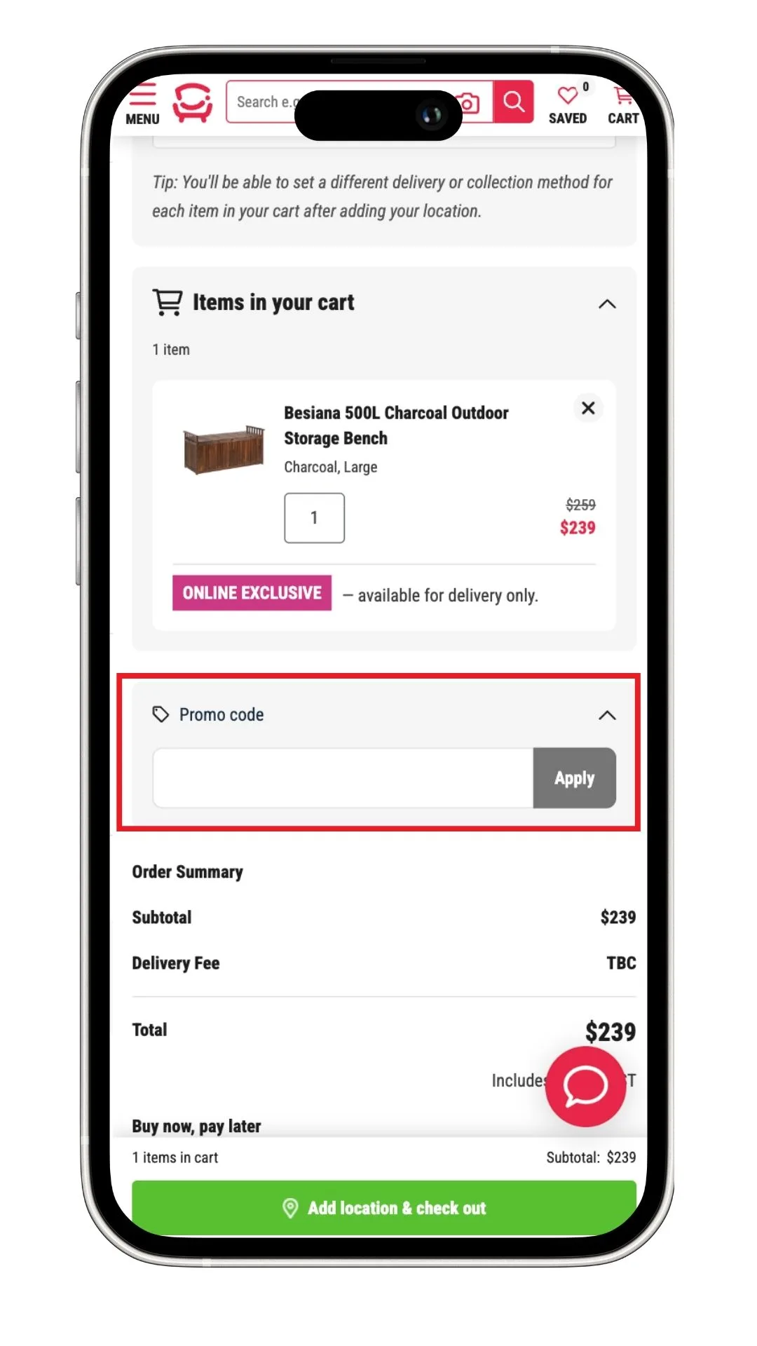Fantastic Furniture discount code field at checkout.