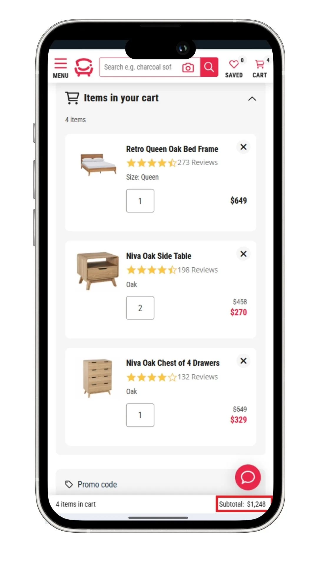 Fantastic Furniture discount code: A screenshot of the checkout showing the price of each piece in the Retro Queen Oak Bedroom Package as cheaper than buying the package due to a sale.