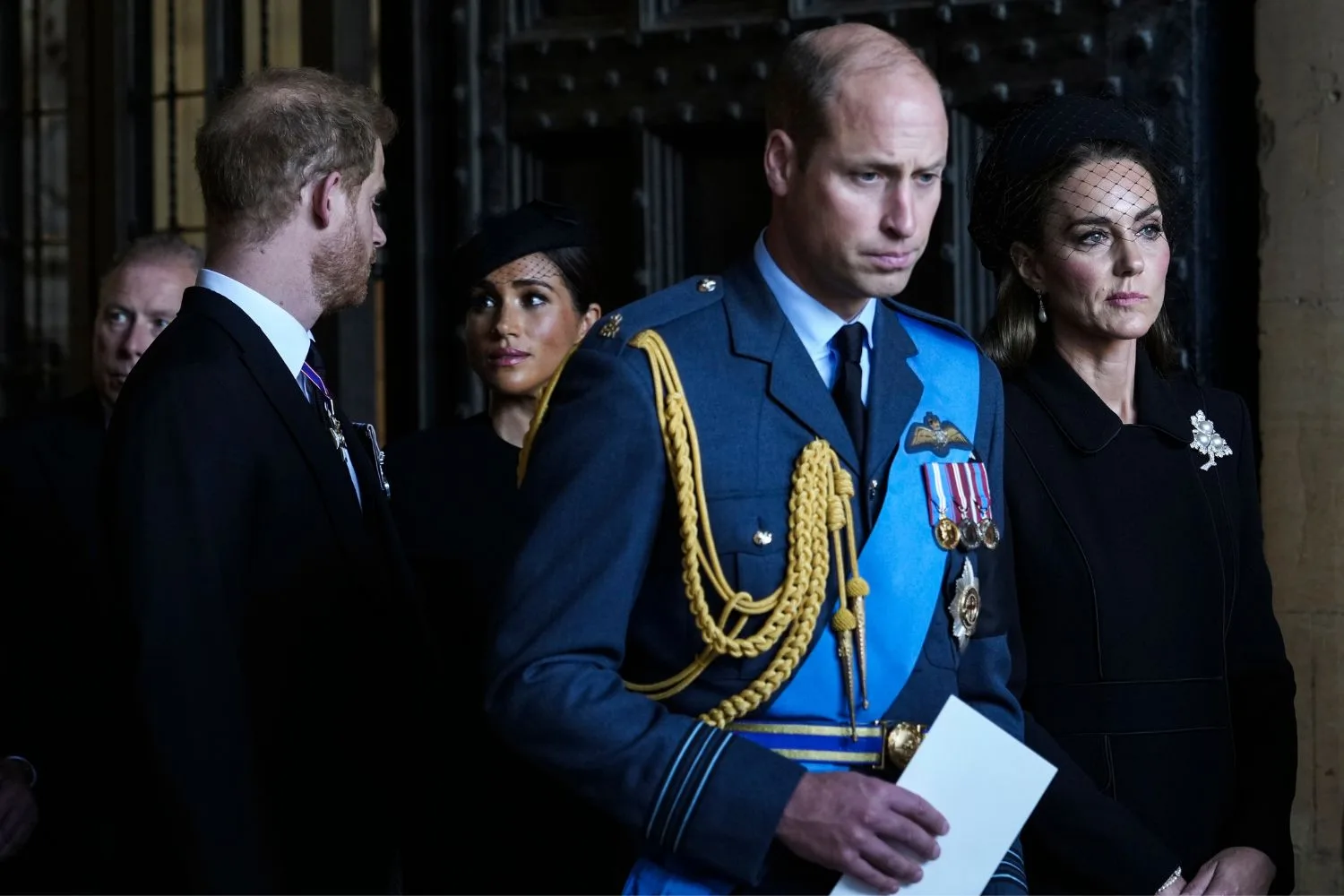 Prince Harry, Meghan Markle, Prince William and Kate, Princess of Wales at the funeral of Queen Elizabeth