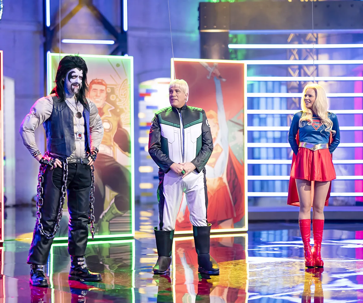 Hamish Blake, Ryan "Brickman" McNaught and Sophie Monk dresses up as superheroes/villains for DC Universe Lego Masters Bricktacular episode.