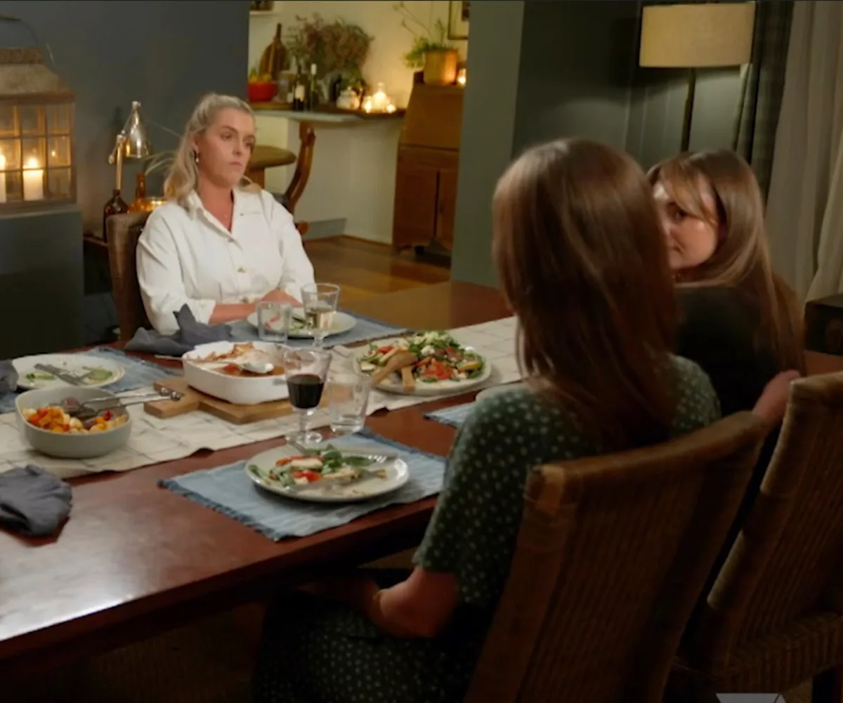Jarrad, Brodie, Christina and Yvonne sit around a dinner table