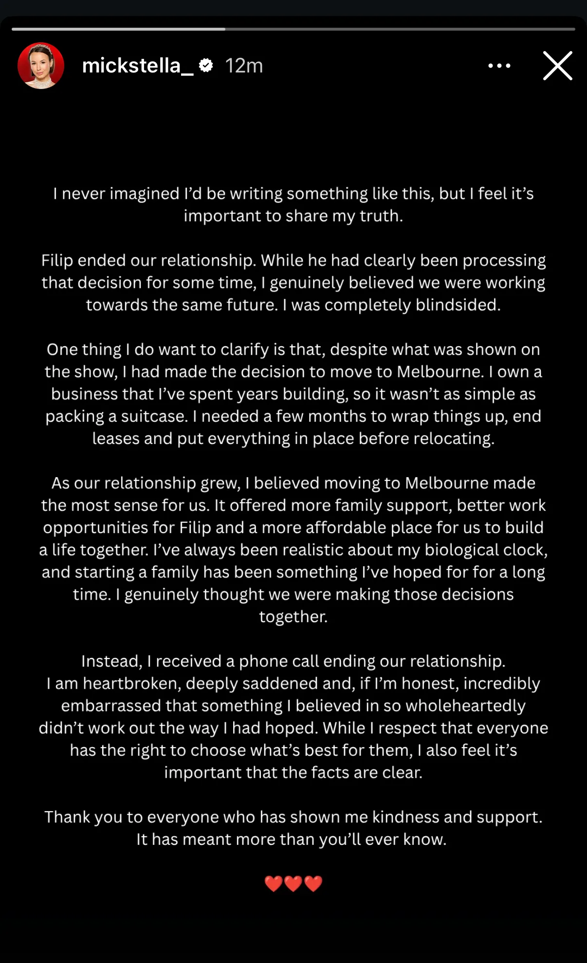 Stella reveals Filip breakup in lengthy Instagram story 
