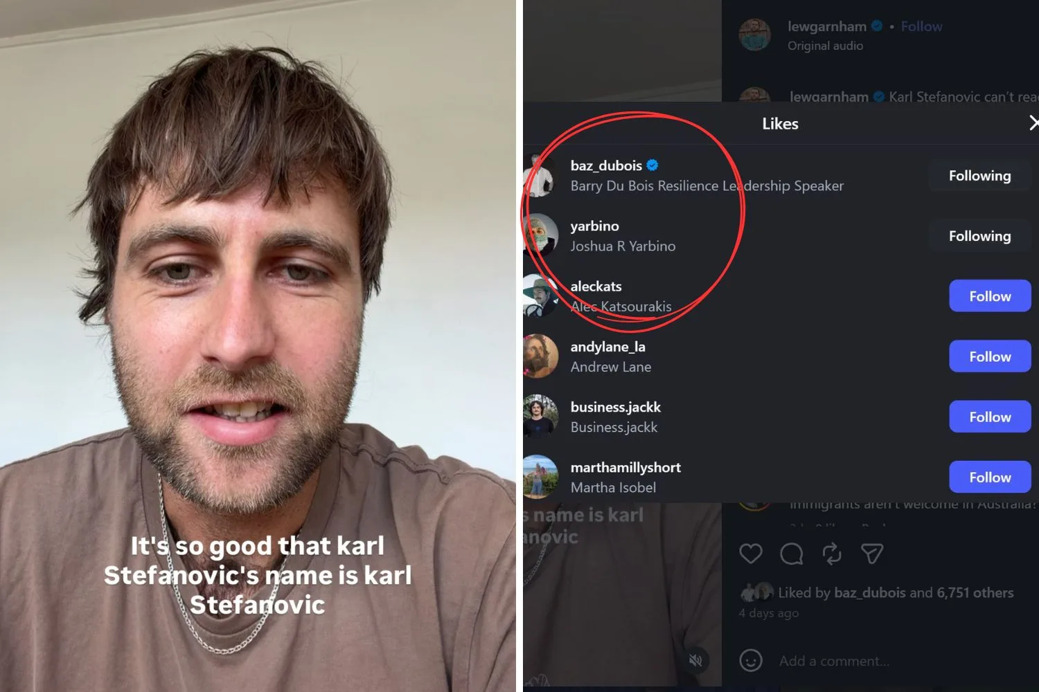 Lewis garnham and the video about Karl Stefanovic liked by his brother in law Josh