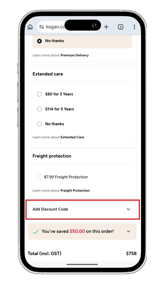 To add a Kogan discount code you need to expand the section titled 'Add Discount Code' at checkout, as highlighted here.