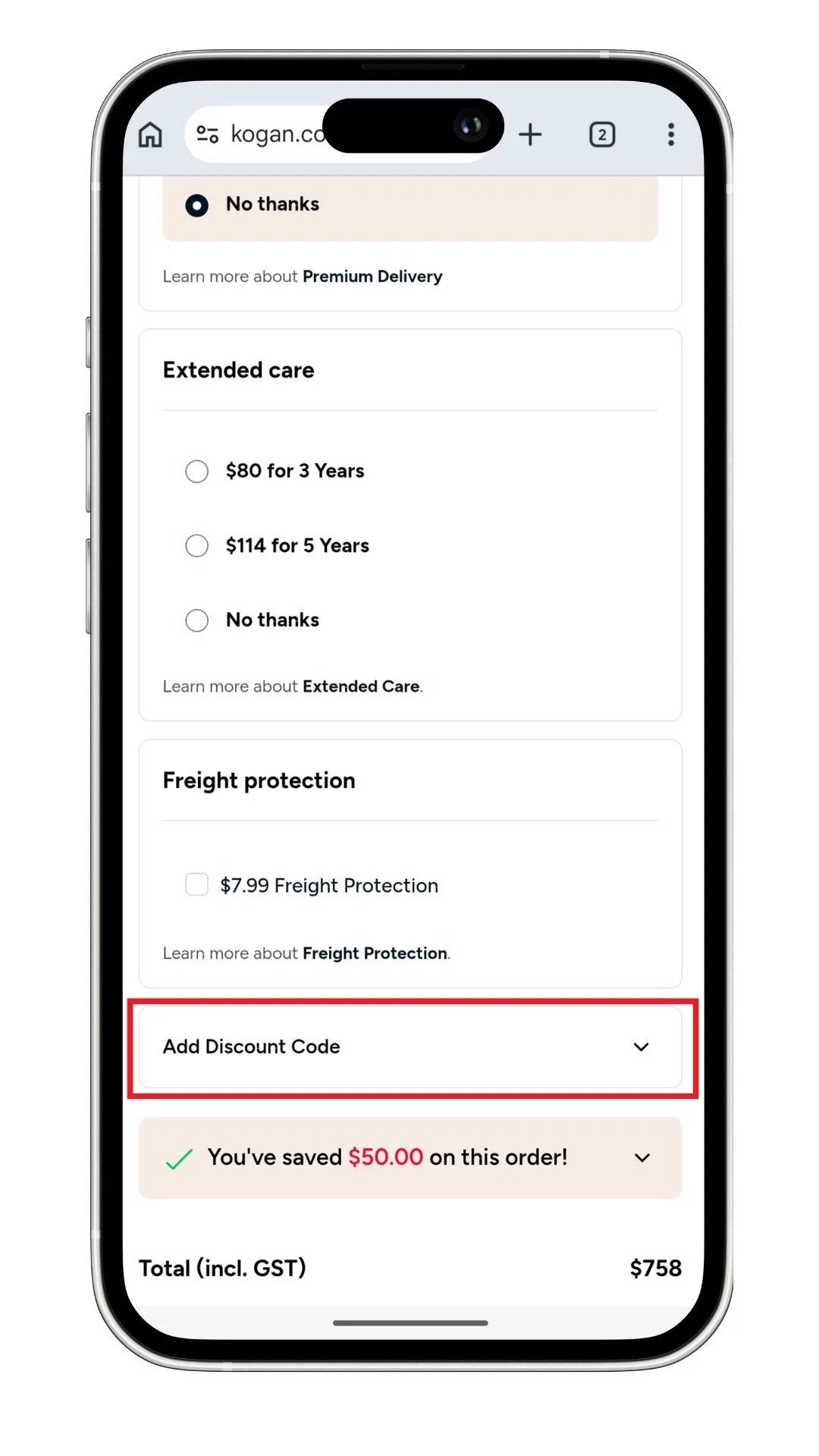 To add a Kogan discount code you need to expand the section titled 'Add Discount Code' at checkout, as highlighted here.
