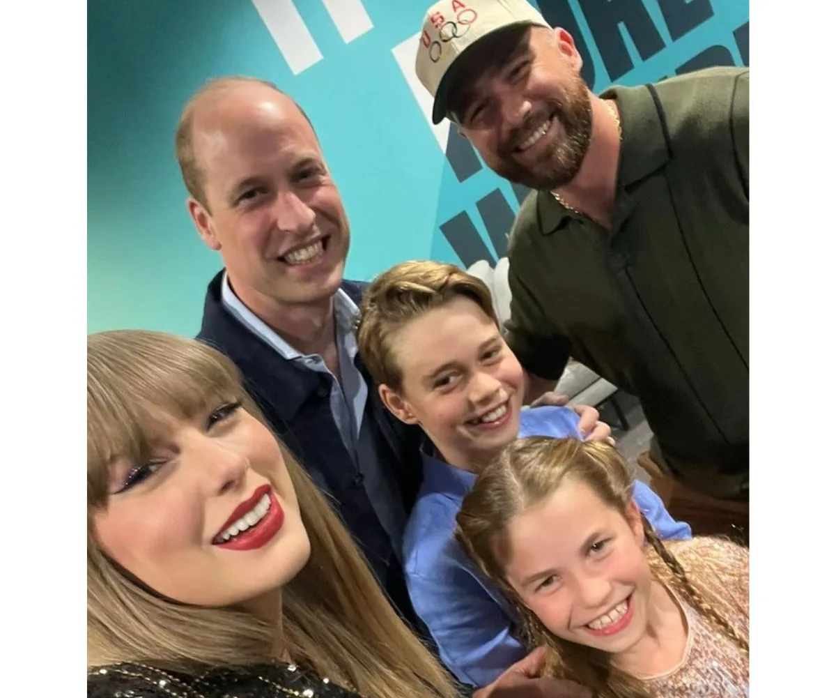 Prince William, Prince George and Princess Charlotte taking a selfie with Taylor Swift and Travis Kelce