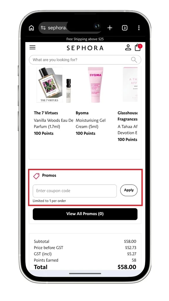 Sephora discount code guide: A screenshot of where to enter a code in your cart on the mobile website.