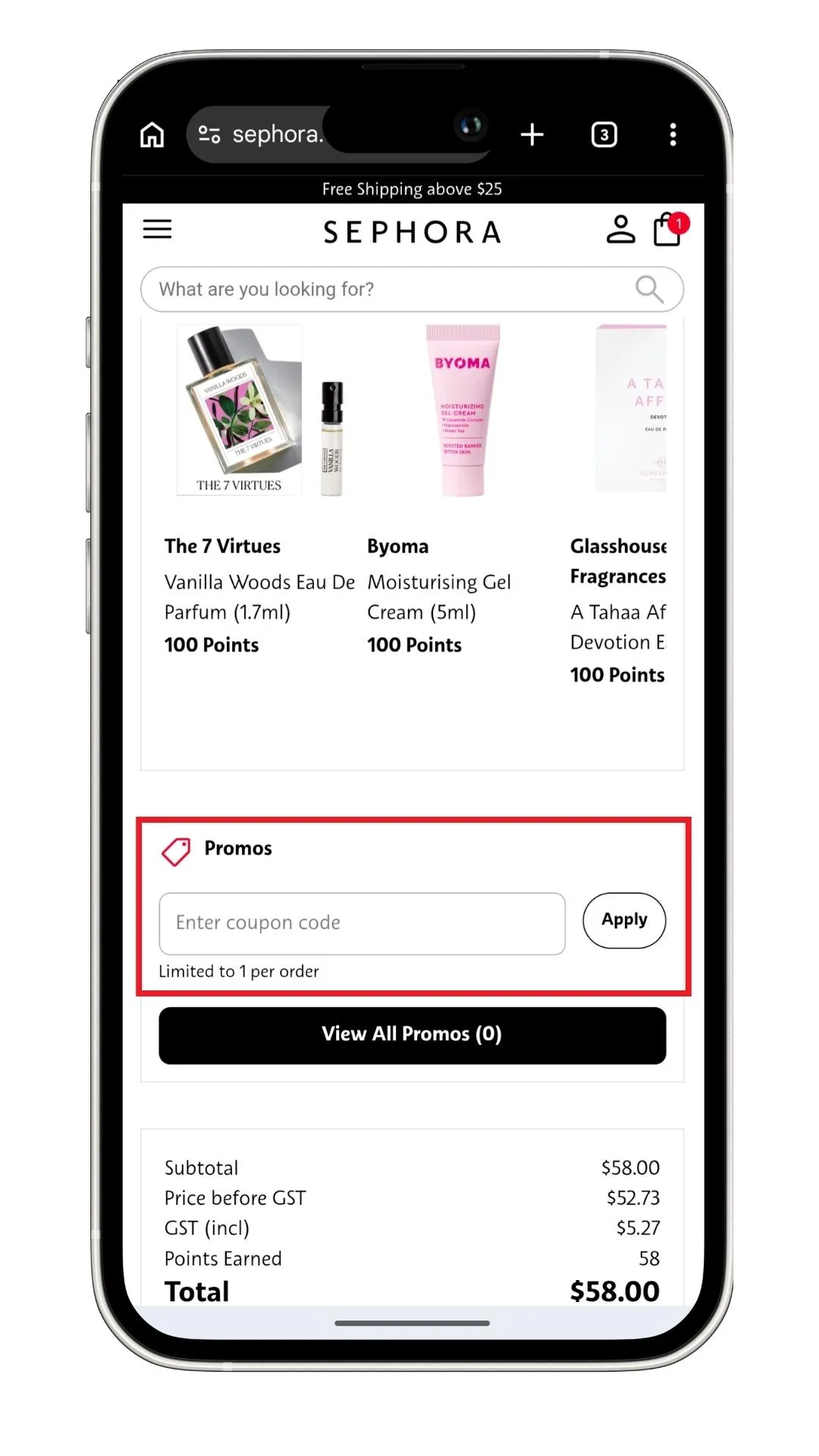 Sephora discount code guide: A screenshot of where to enter a code in your cart on the mobile website.