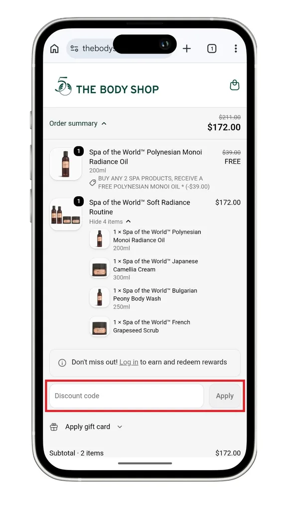 The Body Shop promo code field at checkout on mobile.