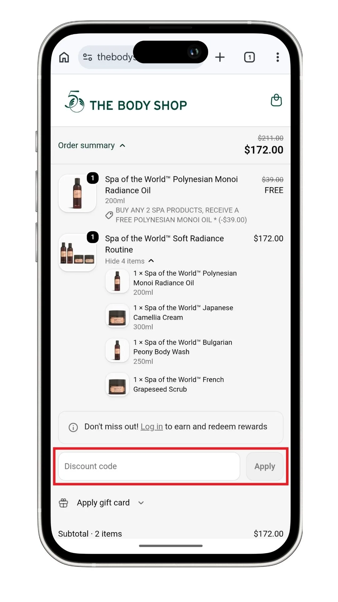 The Body Shop promo code field at checkout on mobile.