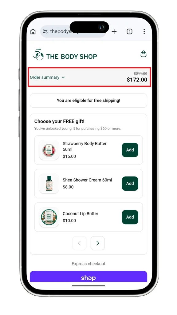 The Body Shop promo code field is visible when on mobile when you expand the order summary, highlighted here.