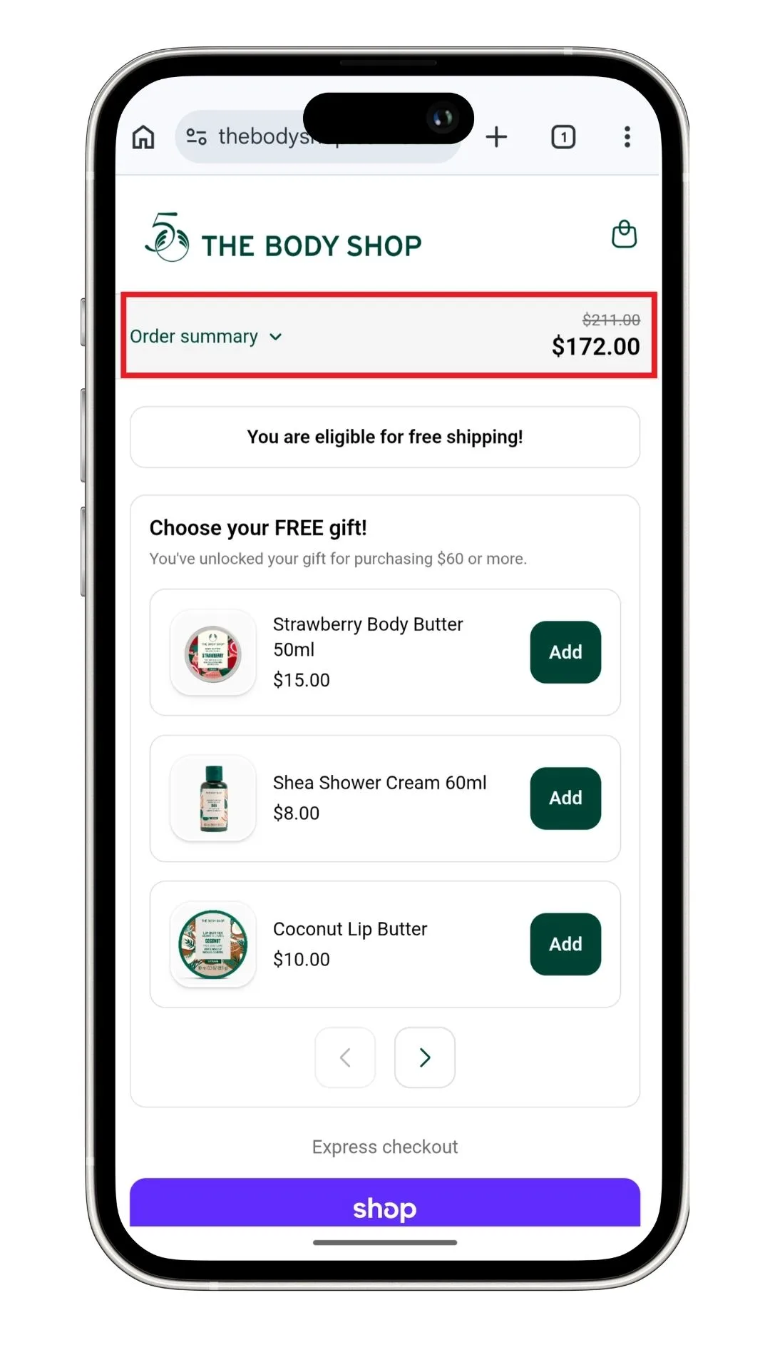 The Body Shop promo code field is visible when on mobile when you expand the order summary, highlighted here.