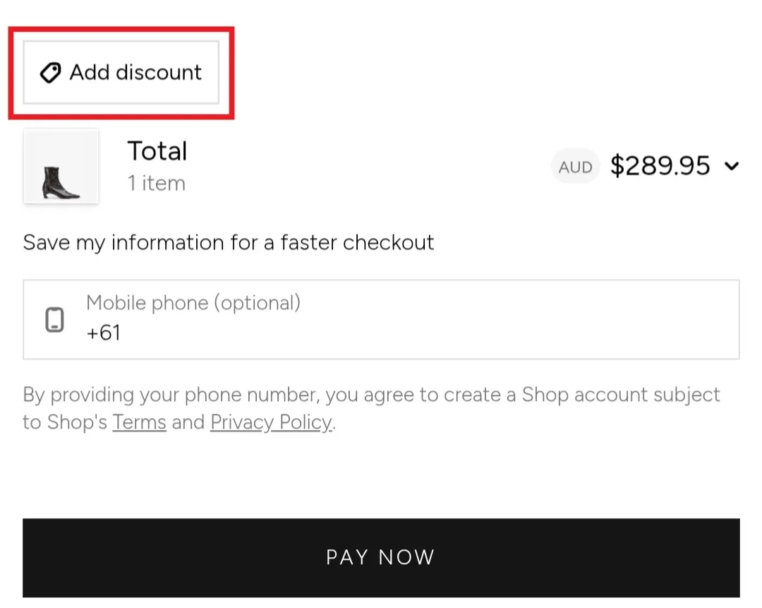 Tony Bianco discount code guide: a screenshot of an alternative place to add a code at checkout before paying.