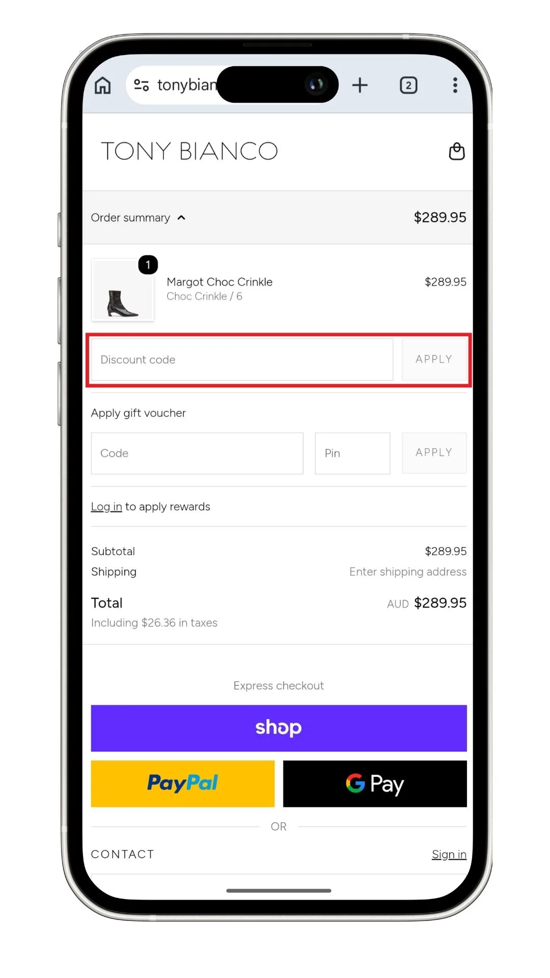 Tony Bianco discount code guide: A screenshot of the discount code field in the order summary on mobile.