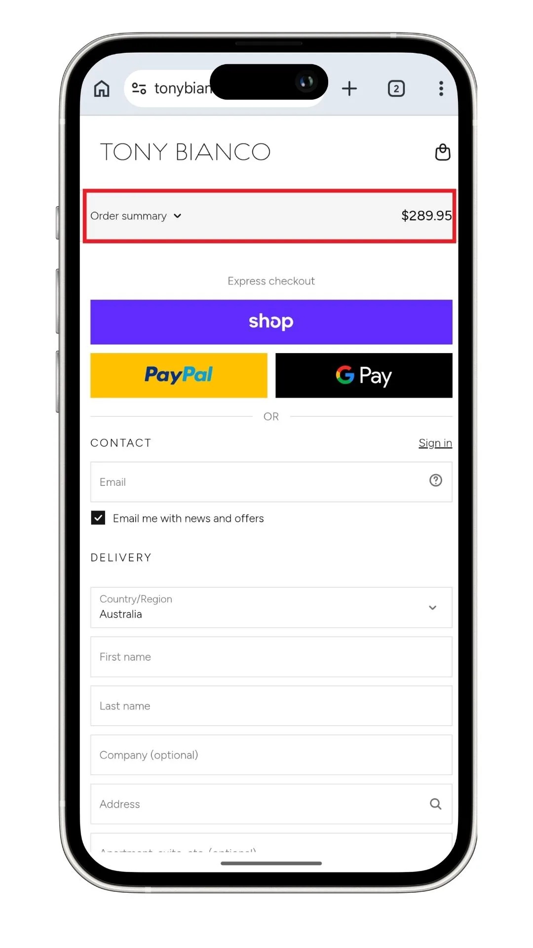 Tony Bianco discount code guide: A screenshot of the checkout highlighting the order summary, which expands to reveal the discount code field.