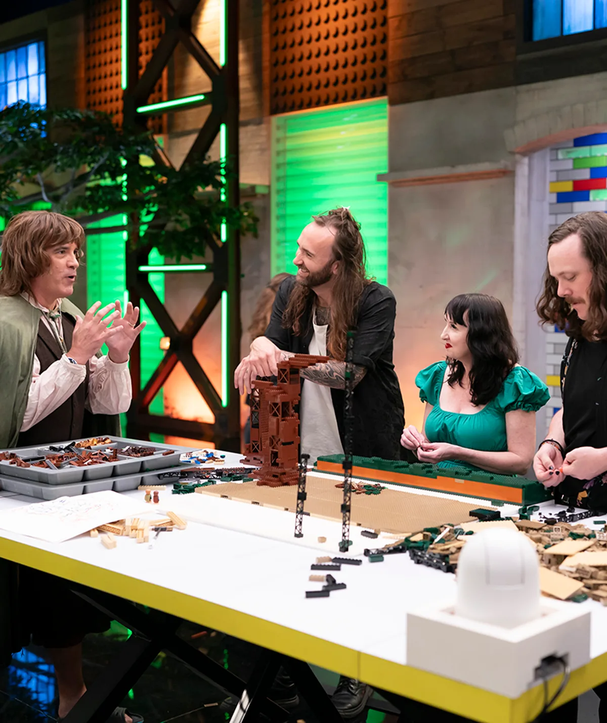 Brickman, Fleur, Jackson and Alex T building in a Lord of the Rings theme episode for Lego Masters Australia - Bricktacular.