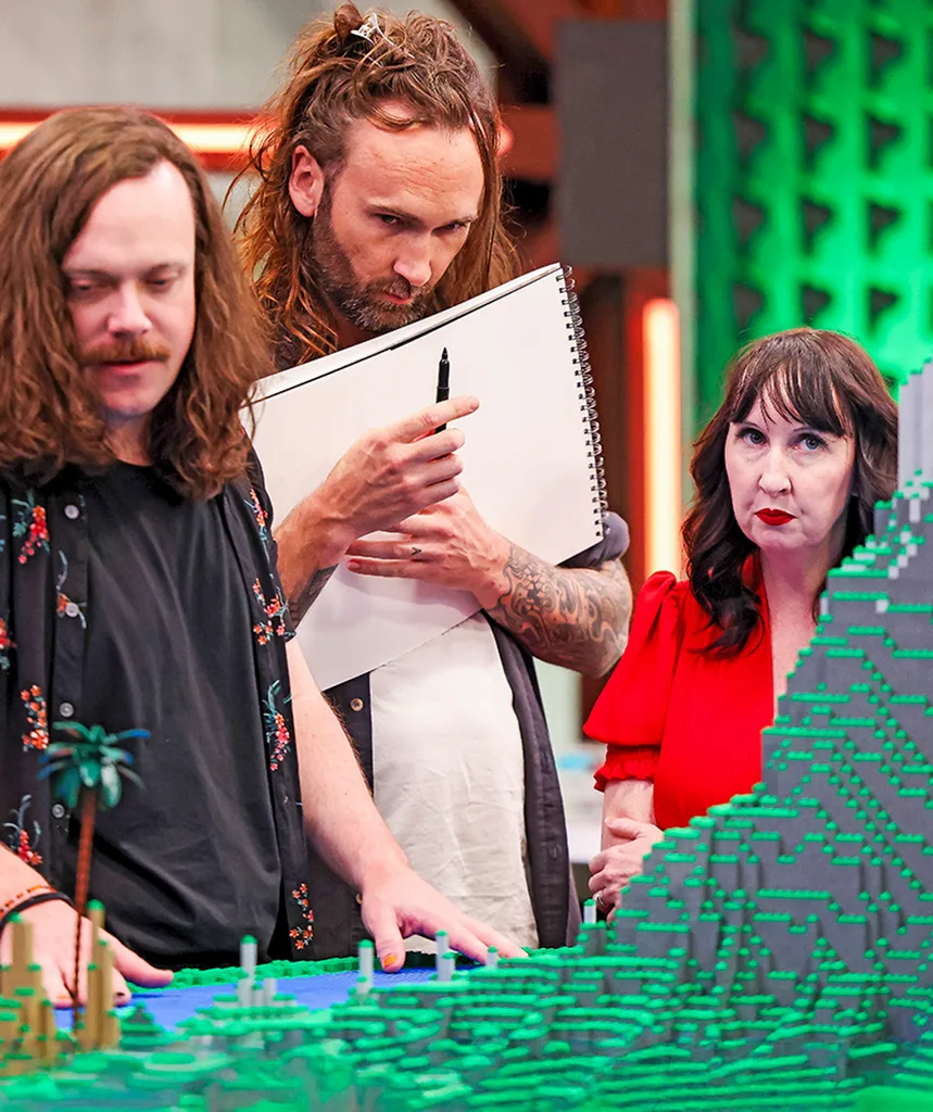 Jackson, Alex and Fleur on set of the finale of Lego Masters: Bricktacular.