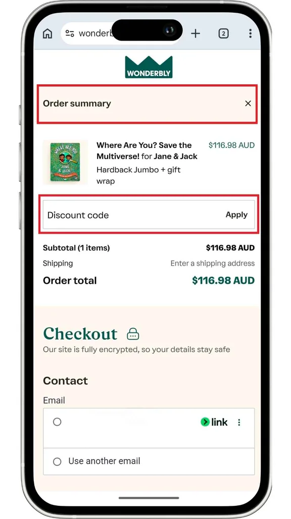 The Wonderbly discount code field at the checkout, which gives you a chance to enter the code before paying.