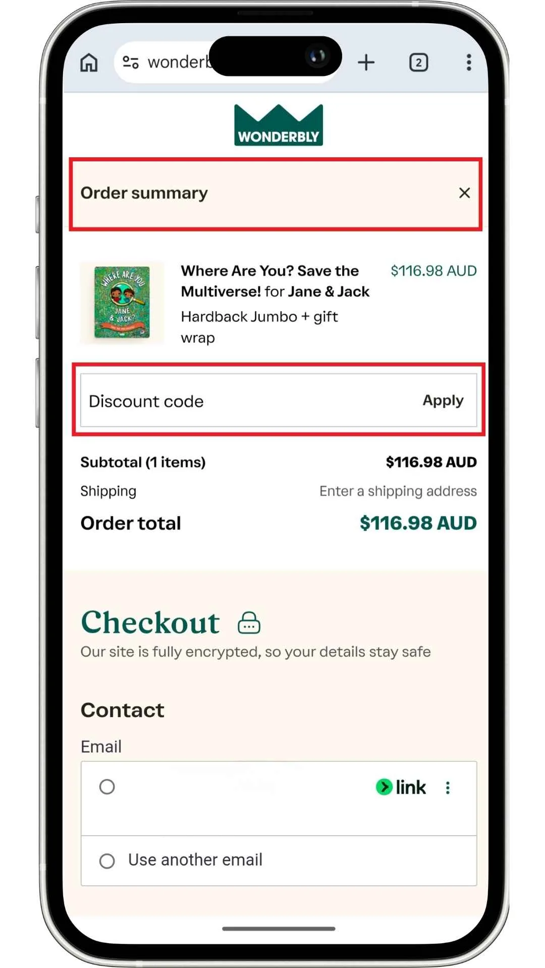 The Wonderbly discount code field at the checkout, which gives you a chance to enter the code before paying.