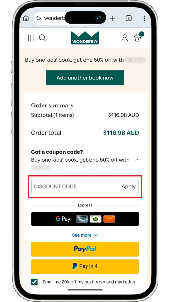 The Wonderbly discount code field in the order summary before checkout.