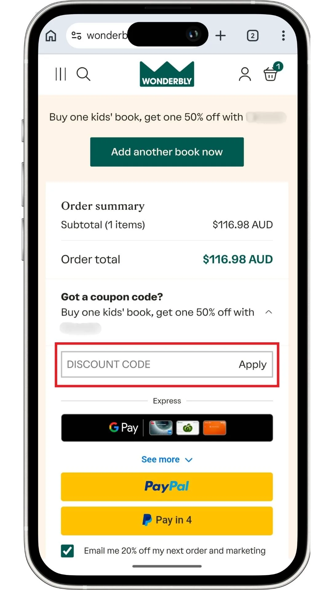 The Wonderbly discount code field in the order summary before checkout.