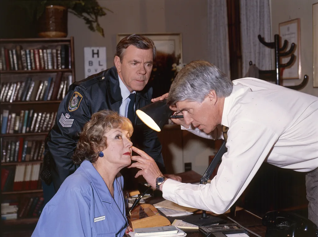 Shirley and Frank Gilroy and Dr Terence Elliot in A Country Practice.