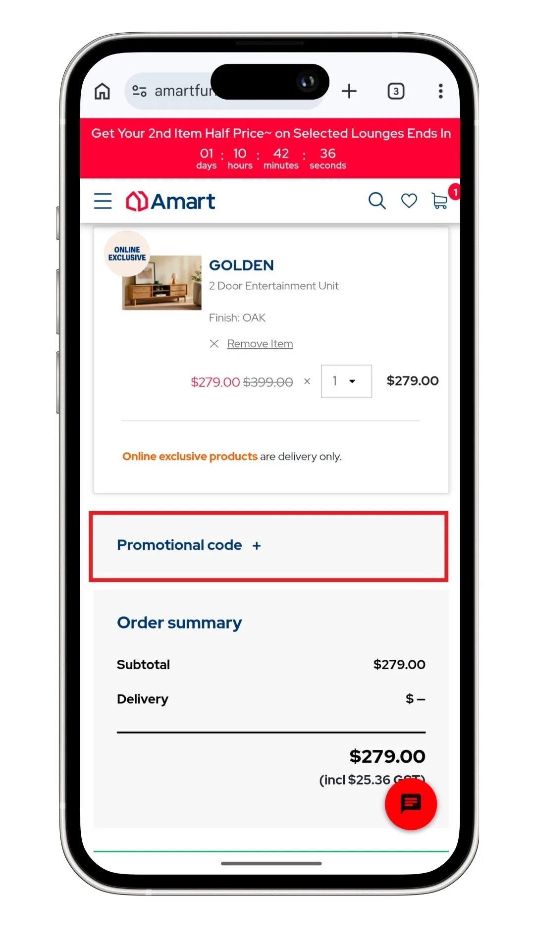 The Amart promo code section in my cart summary on mobile, before being expanded.