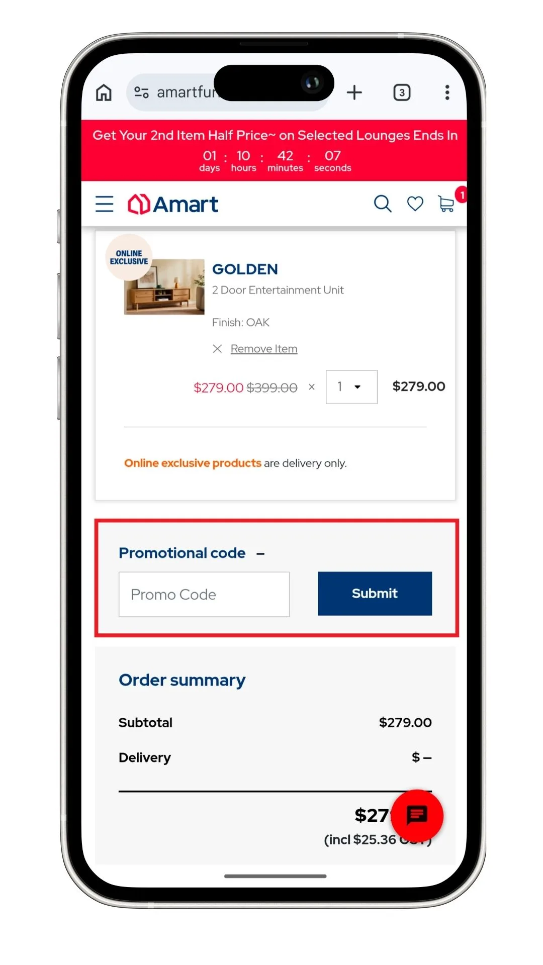 The Amart promo code field, expanded on mobile.