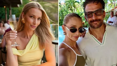 Anna Robards pictured with glass of champagne and with husband Tim Robards