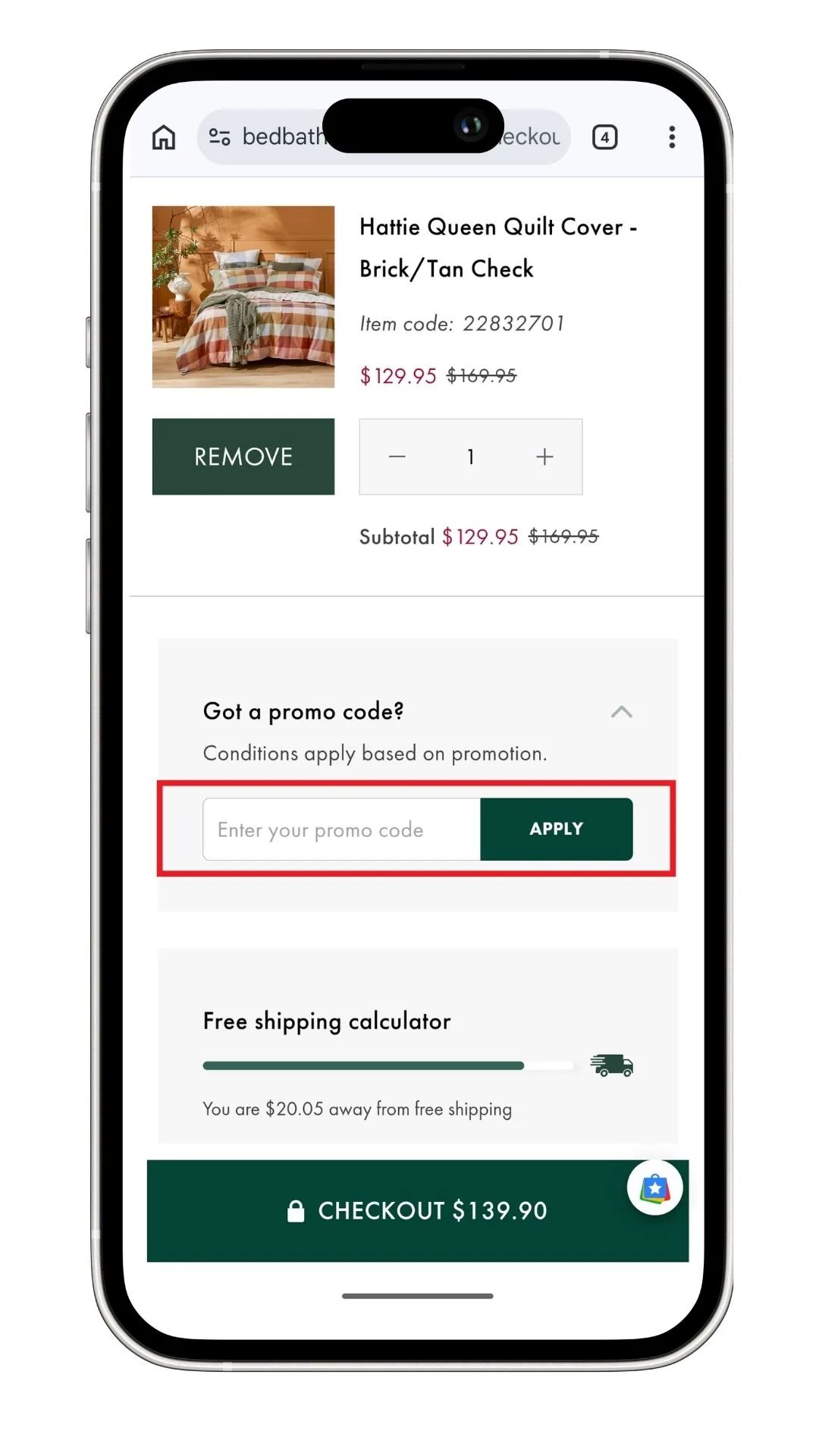 A Bed Bath N' Table discount can easily be added to your order, with the code field highlighed here in my bag summary on mobile.
