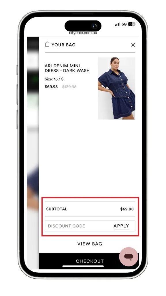 The City Chic discount code field in a bag summary before checkout, highlighted in this screenshot on mobile.