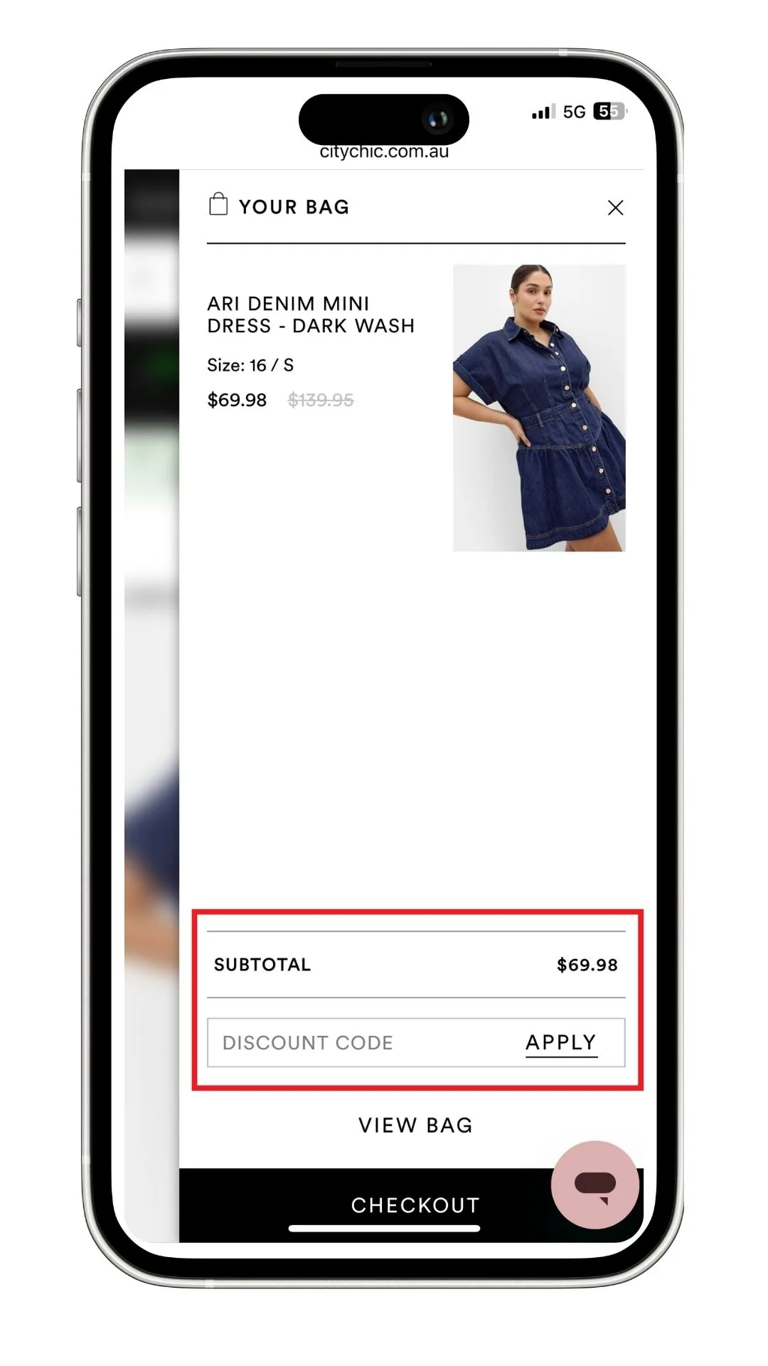 The City Chic discount code field in a bag summary before checkout, highlighted in this screenshot on mobile.