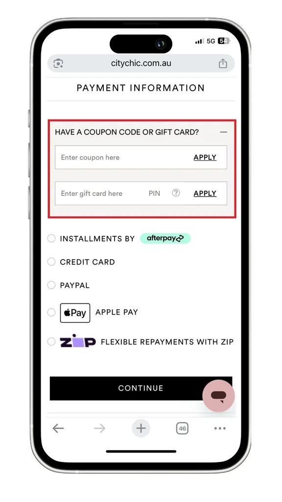 The City Chic discount code field at checkout is visible after selecting 'Have a coupon code or gift card'.