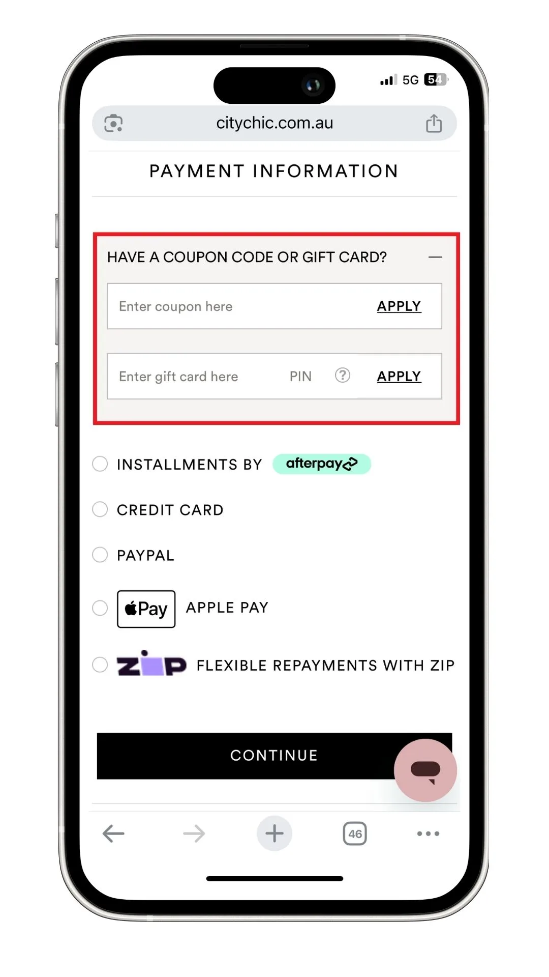 The City Chic discount code field at checkout is visible after selecting 'Have a coupon code or gift card'.