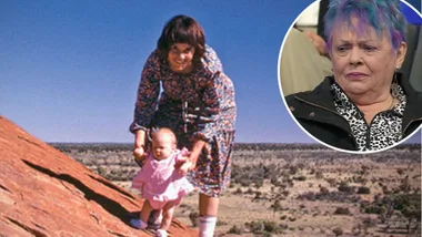 Lindy Chamberlain and her baby Azaria with an inset of Lindy now.