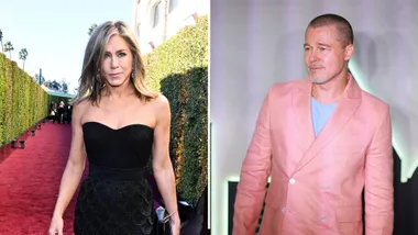 Jennifer Aniston on a red carpet and Brad Pitt looking at her.