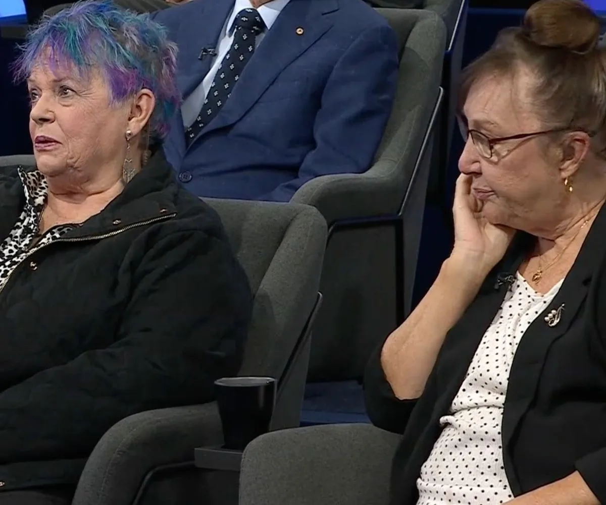 A screengrab of two women talking on a TV audience programme.