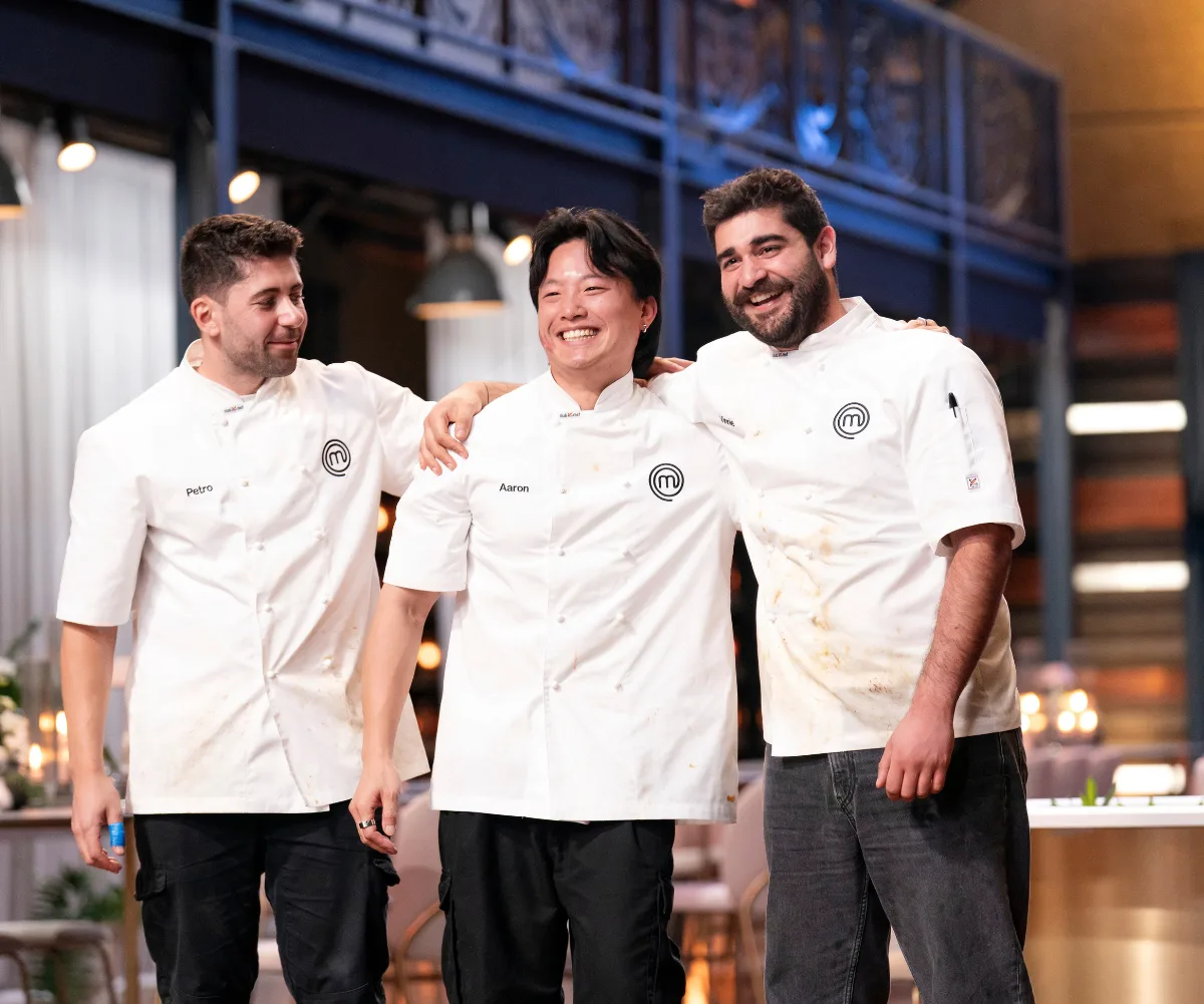 Petro, Aaron and Vinnie smiling during the MasterChef Australia semi-final.