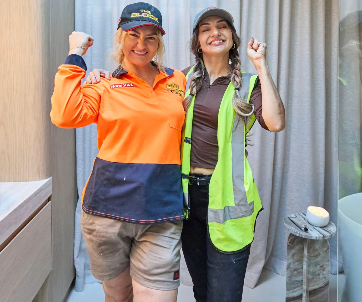 The Block's Courtney and Sev after their bathroom reveal