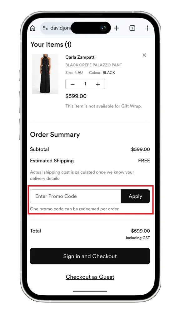 A David Jones promo code can be entered in your virtual shopping bag, as highlighted in this screenshot taken on a mobile.